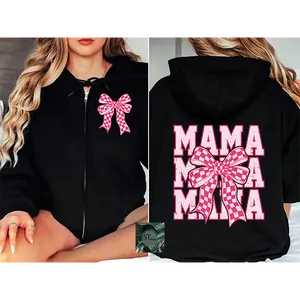 Pink Checkered Mama Bow Zip Hoodie Black or Sport Grey
