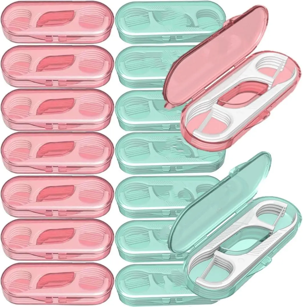 Travel Dental Floss Pick Case, 14 Packs, Green, Pink | Prefilled Premium Sturdy PE Flosser Picks, Food Grade, Reusable, sealed, thin and flat thread, suit tight teeth