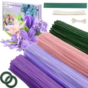 400 Root Cleaning Sticks Craft Kit, 4 Colors Assorted, DIY Flower Making Set, Includes Floral Wire, Garden Tape, Petals, Ribbon