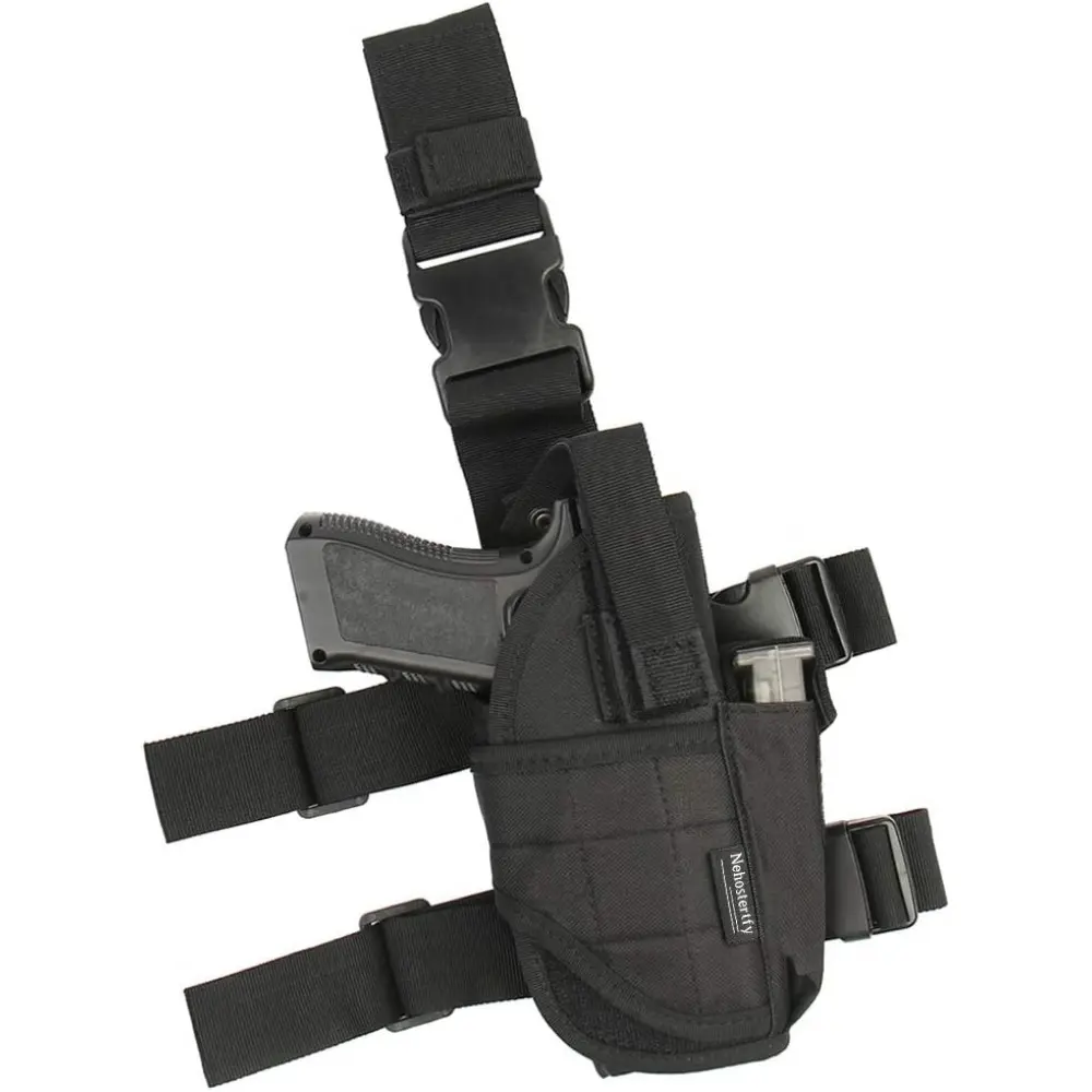 Classic A-Tan Tactical Drop Leg Holster for Right Hand Users, Adjustable Nylon Thigh Rig with Quick-Release Buckle and Flashlight Mount for Outdoor Hunting, Secure Thigh Fit for 19-27in Legs, Pouch, Wrap-Around, 19-27 Inch Circumference, Dual Thigh Straps
