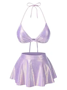 RETRO STAGE Women's 1970s Lavender Polyester Metallic Snake Print Fish Scale 2-Piece High-Rise Waist Bathing Suit with Medium Stretch for Swimwear, Surfing