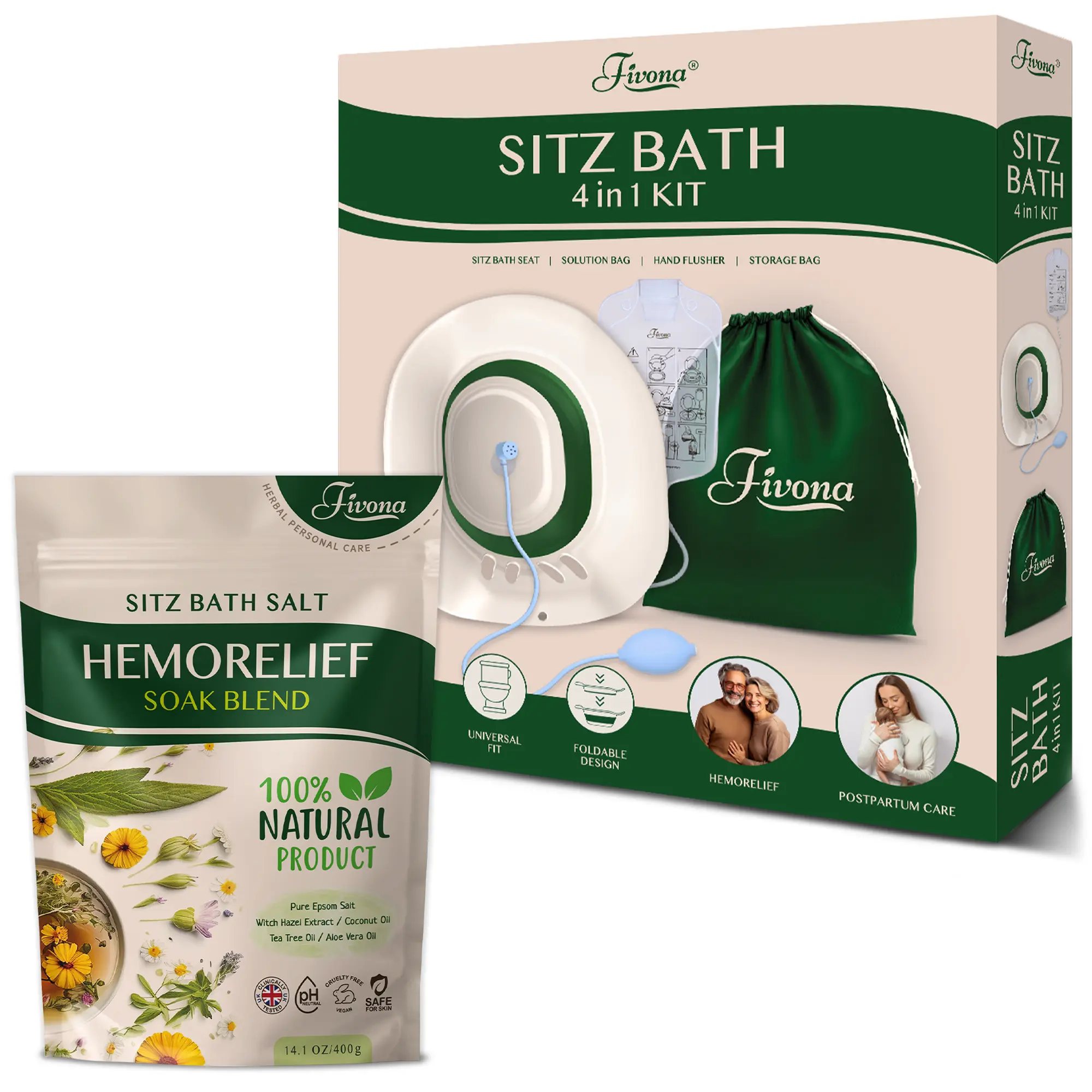 FIVONA 5-in-1 Sitz Bath Kit with Expandable Seat for Toilet, Postpartum & Hemorrhoid Care with Natural Epsom Salt, Tea Tree Oil & Witch Hazel Soak, Mother