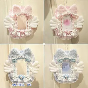 Cute Plush Lace Detailing Photo Card Holder, Angel Wings with Chain, DIY Anime Idol Collectible, Loli Lolita Cartoon Character Accessory, Polaroid 3 Inch Protector