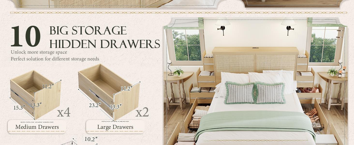 Yechen Natural Rattan Queen Bed Frame with Storage, 10 Drawers & Storage Headboard with Charging Station, Boho Rattan Wood Bed Frame with Metal Frame, Noise Free, No Box Spring Needed Yechen Natural Rattan Queen Bed Frame with Storage, 10 Drawers & Storage Headboard with Charging Station, Boho Rattan Wood Bed Frame with Metal Frame, Noise Free, No Box Spring Needed