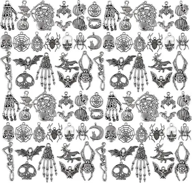 Halloween Gifts 80 Pieces Antique Silver Pendants Gothic Charms Halloween Charms Pendants Jewelry Making Accessory