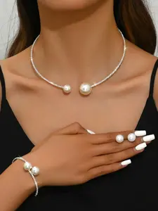 Trendy Bridal Complete Elegant Jewelry Set - Faux Pearl Rhinestone Collar Necklace Earrings | Perfect for Brides｜Sparkling Bridal Faux Pearl & Rhinestone Set - Adjustable Collar Jewelry for Wedding/Bridal Shower/Engagement