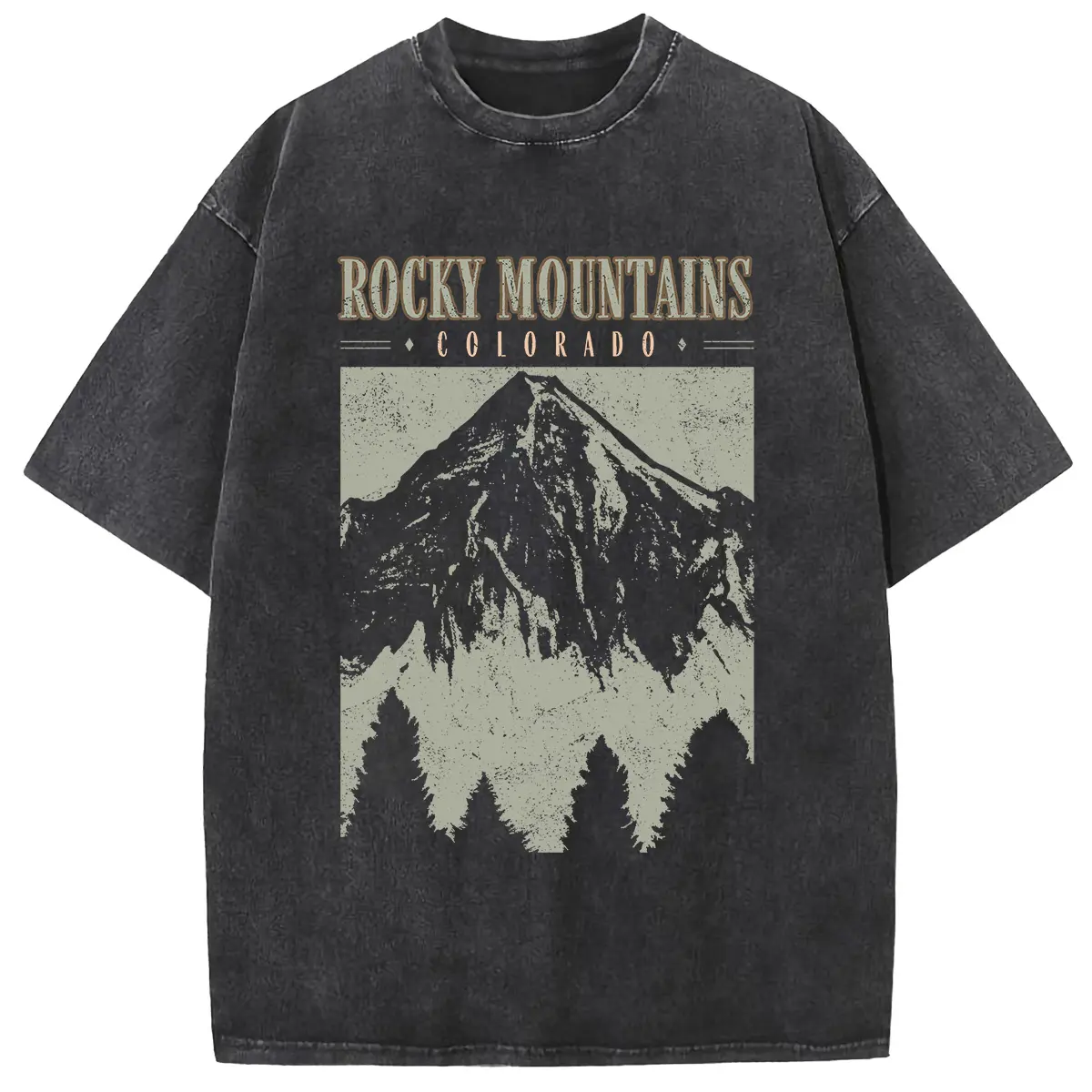Women's Stylish Comfortable Oversize Acid Wash Vintage Graphic Tees - Shortleeve, Round Neck, Heavyweight Cotton, Casual Streetwear Mountain Print T-Shirts