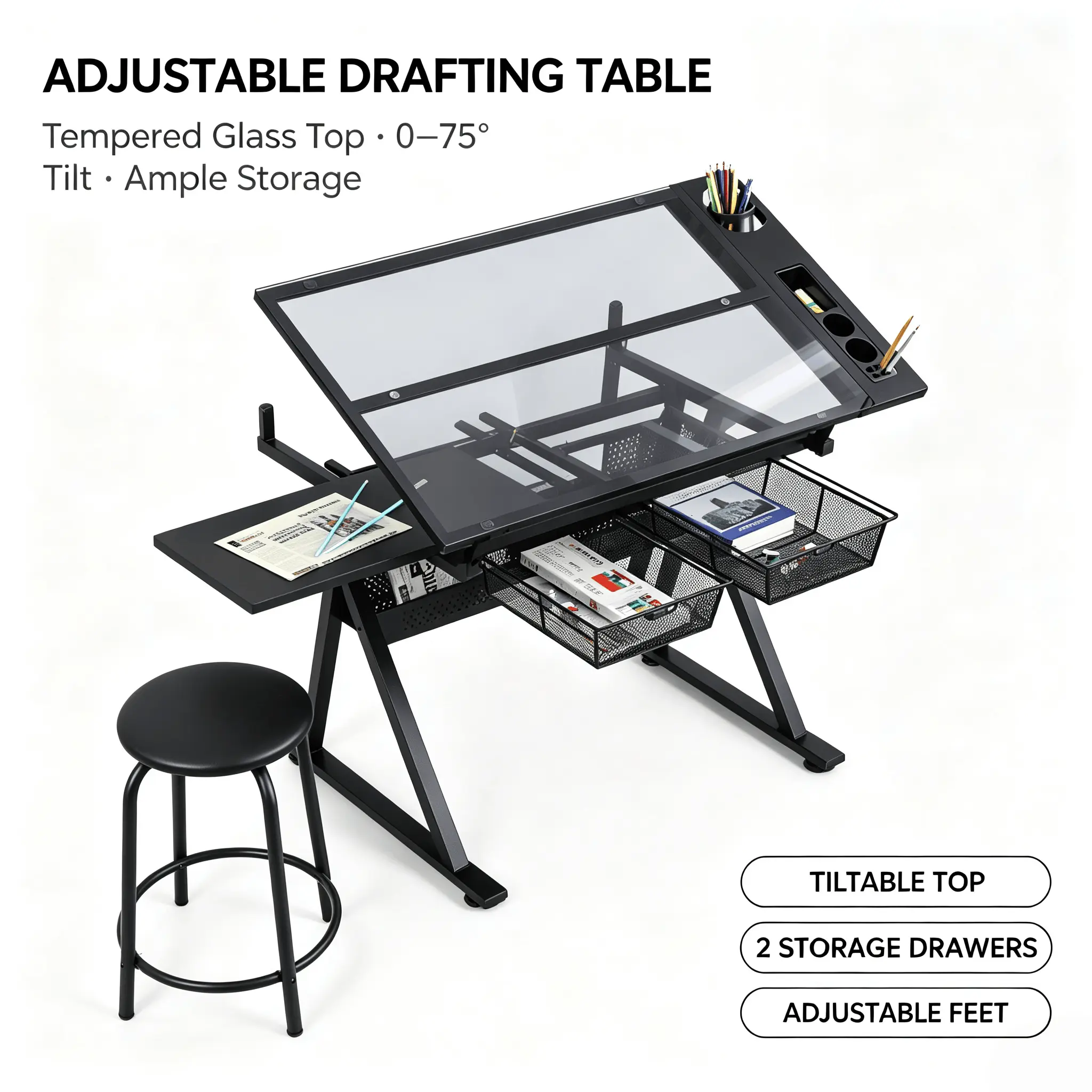 Upgraded Version Drafting Table with Chair – 0-75° Tilt Tempered Glass Art Desk with 2 Storage Drawers & Stool, Steel Frame Drawing Table for Artists, Office, Home Studio Breathable Gel Seat Cushion pc stand armrest mesh computer reversible shelf