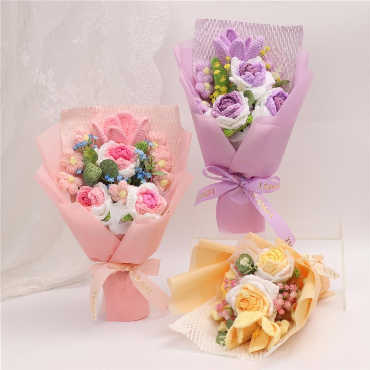 Mother's Day 1pc Handmade Knitted Rose & Lily Bouquet, Yarn Crochet Artificial Floral, Home Decoration, Perfect Gift for Christmas,  Valentine's Day, Birthday, Wedding and Anniversary