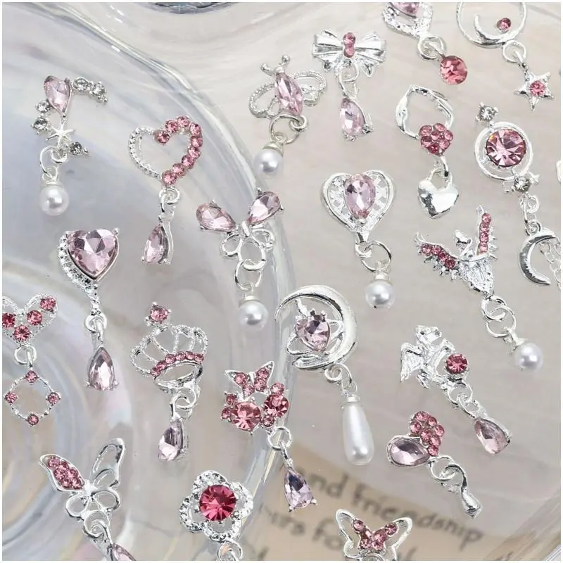 5pcs Mixed Style Luxury Nail Art Dangle Accessories Love Moon Bow 3D Nail Charms Bulk Alloy Rhinestones Nail Art Decoration DIY