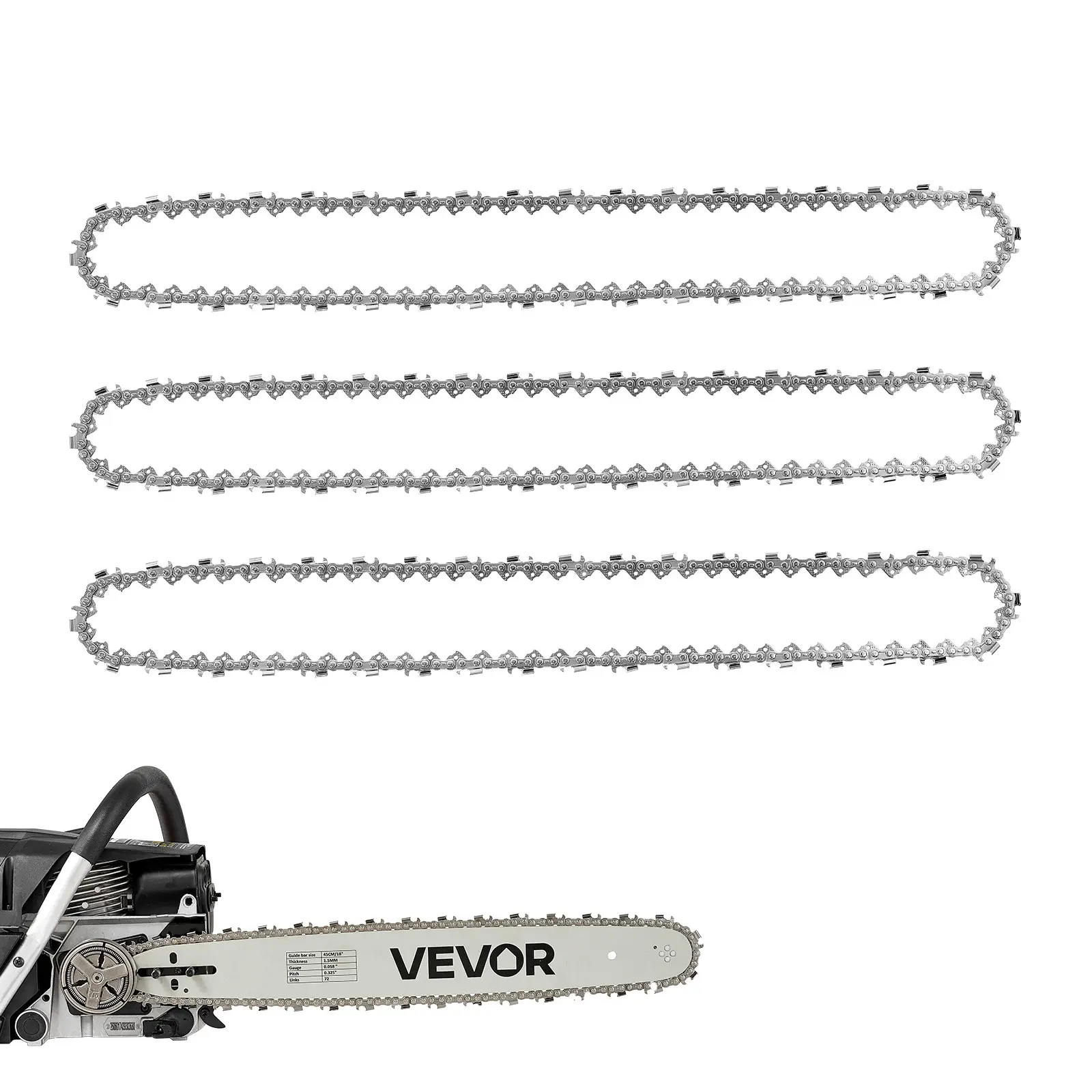 VEVOR Chainsaw Chain 3 Pack 18 Inch 0.325" Pitch 0.058" Gauge 72 Drive Link, Fits VEVOR CN-52G Gas Chainsaw, Forged Alloy Steel, Replacement Saw Chain with Sharp Cutter Teeth, Wear-Resistant Tie Strap