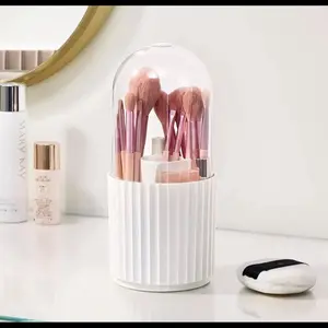 Makeup Brush holder with lid - 360 rotating- white