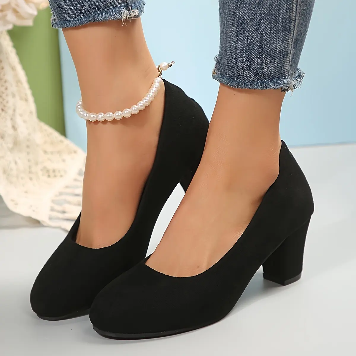 [All Season Leopard Print Pumps] Women's Leopard Print Block Heel Pumps - Casual Style, High Heel, Plain Toe, Flannel Upper, Rubber Sole, Comfort Insole, Available All Season