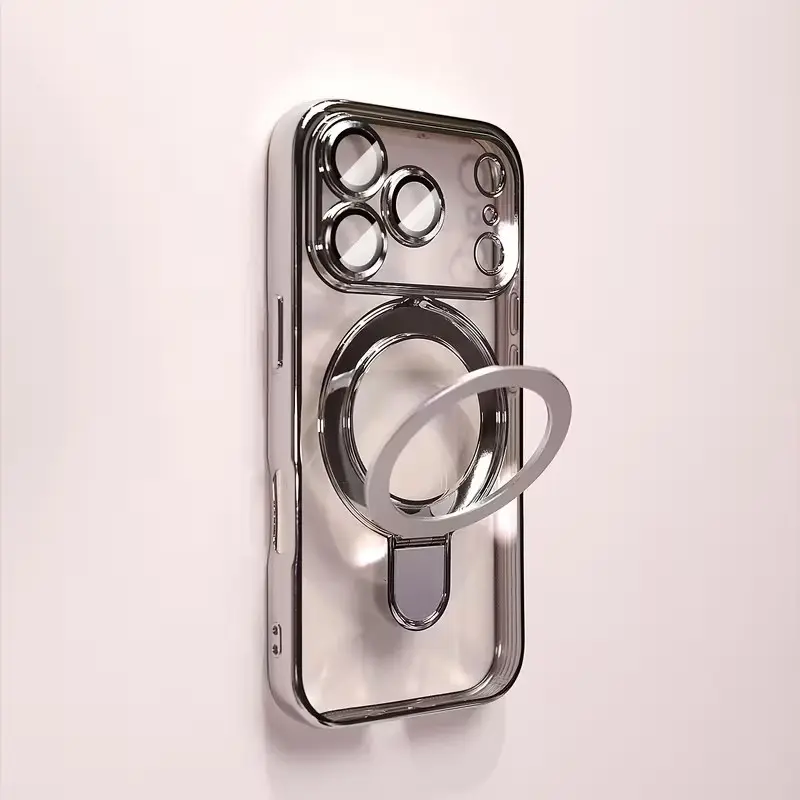 Electroplated transparent Metallic pivot bracket shockproof ultra-thin protective phone case casing, Smartphone Accessories, suitable for iPhone 17 ProMax, 17Air, 16,15,14,13,12,11 Pro Max, Plus with lens protection