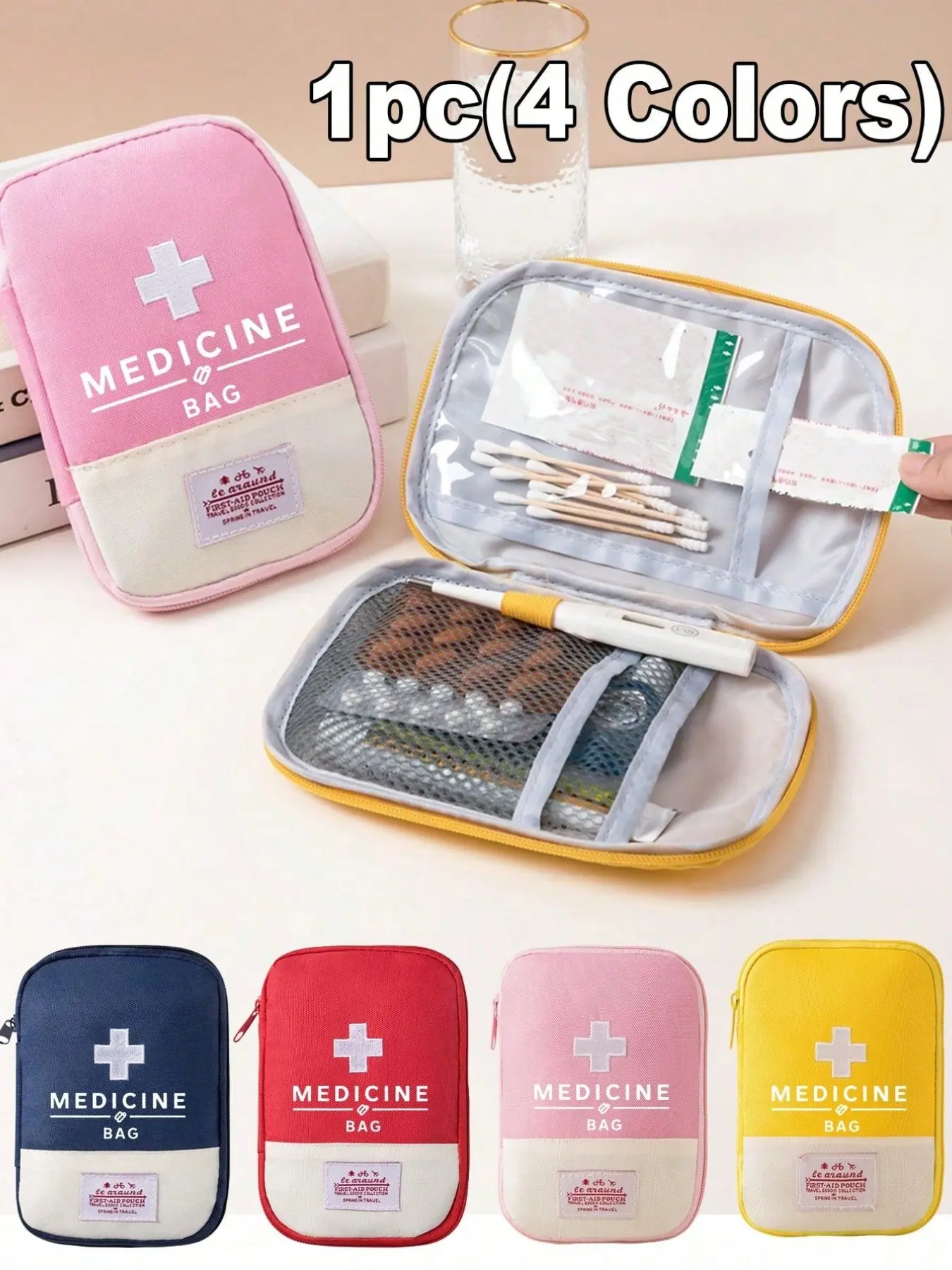 Portable Multi-Layer Medical Bag with Medicine Print, Compact Pill Organizer and First Aid Kit for Travel and Outdoor Use, Essential Health Accessory for Daily Life