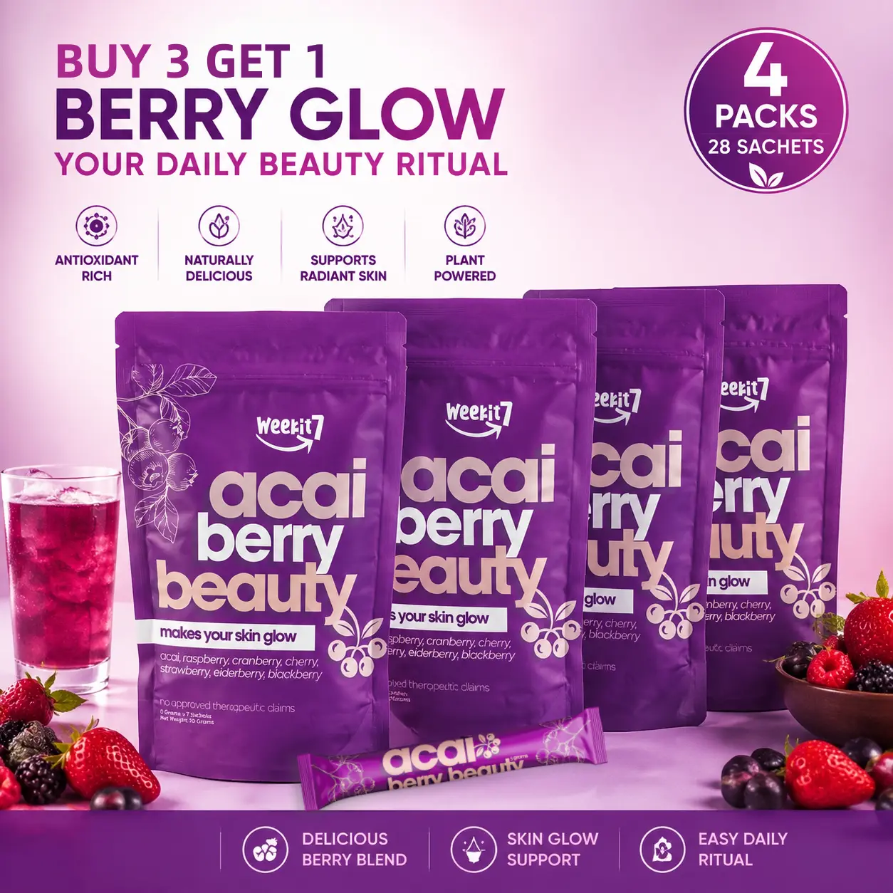 【Buy 3 Get 1 Free】 Weekit7 Natural Organic Acai Berry Powder, a superfood that fights free radicals, an edible dietary supplement for fitness and brightening skin. Non-GMO, preservative-free, a mixed beverage with health vitamins.