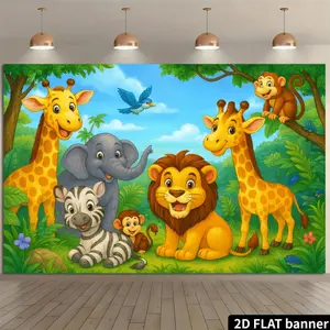 2D flat cute jungle animal background decorative cloth with cartoon giraffe/lion/elephant elements, paired with green plant jungle decoration, featuring a childlike natural style, made of polyester material, no power supply required, suitable for jungle p