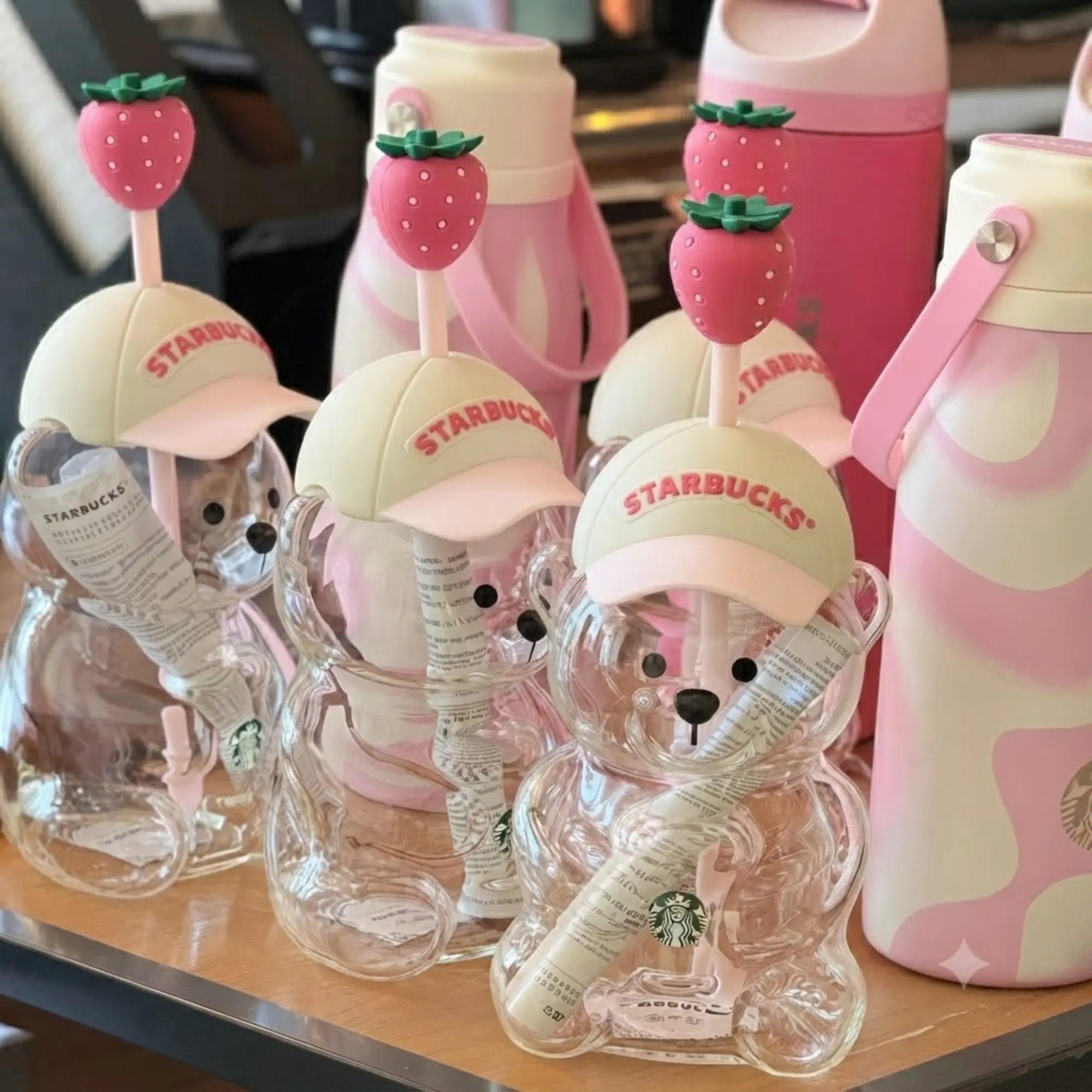 New 20oz Starbucks x KBO Limited Edition Bearista Strawberry Bear Tumbler, Cute Straw Reusable Cold Cup Drinkware