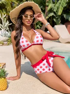 ZAFUL Women’s Halter V-Neck Two-Piece Bikini Set, High-Waisted, Tummy Control, Swimsuit with Side Tie Knot