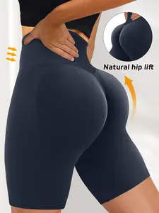Women's Solid High Waist Scrunch Sports Short Leggings, Summer Clothes Women Seamless Ruched Skinny Gym Shorts, High Stretch Short Yoga Leggings for Women Lady, Ladies Sportswear for Indoor Outdoor Wear, Stretchy Seamless Shorts