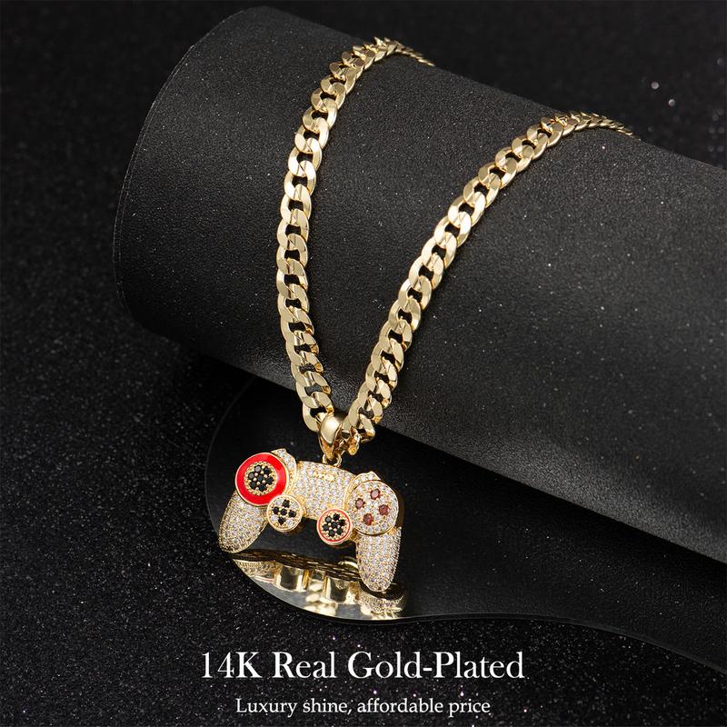 Holylegend 14K Real Gold-Plated Game Controller Necklace, Statement necklace,Sony-Inspired CZ Diamond Pendant, 24" Cuban & Rope Chain, Hip Hop Jewelry Gift for PlayStation Fans