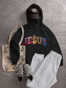 Men's Hooded Sweatshirt, Short Box Fit, Simple Basic Design, Dual-Layer Cap, Cartoon Jesus Text Pattern, Casual All-Season Wear
