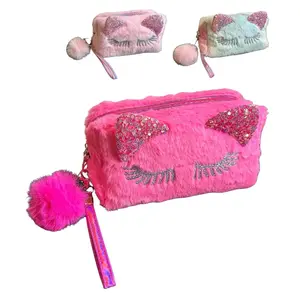 Portable Zipper Pouch Makeup Travel Bag, Plush Toiletry Travel Cosmetic Organizer Bag with Wrist Strap for Women and Girls， Cute Cat