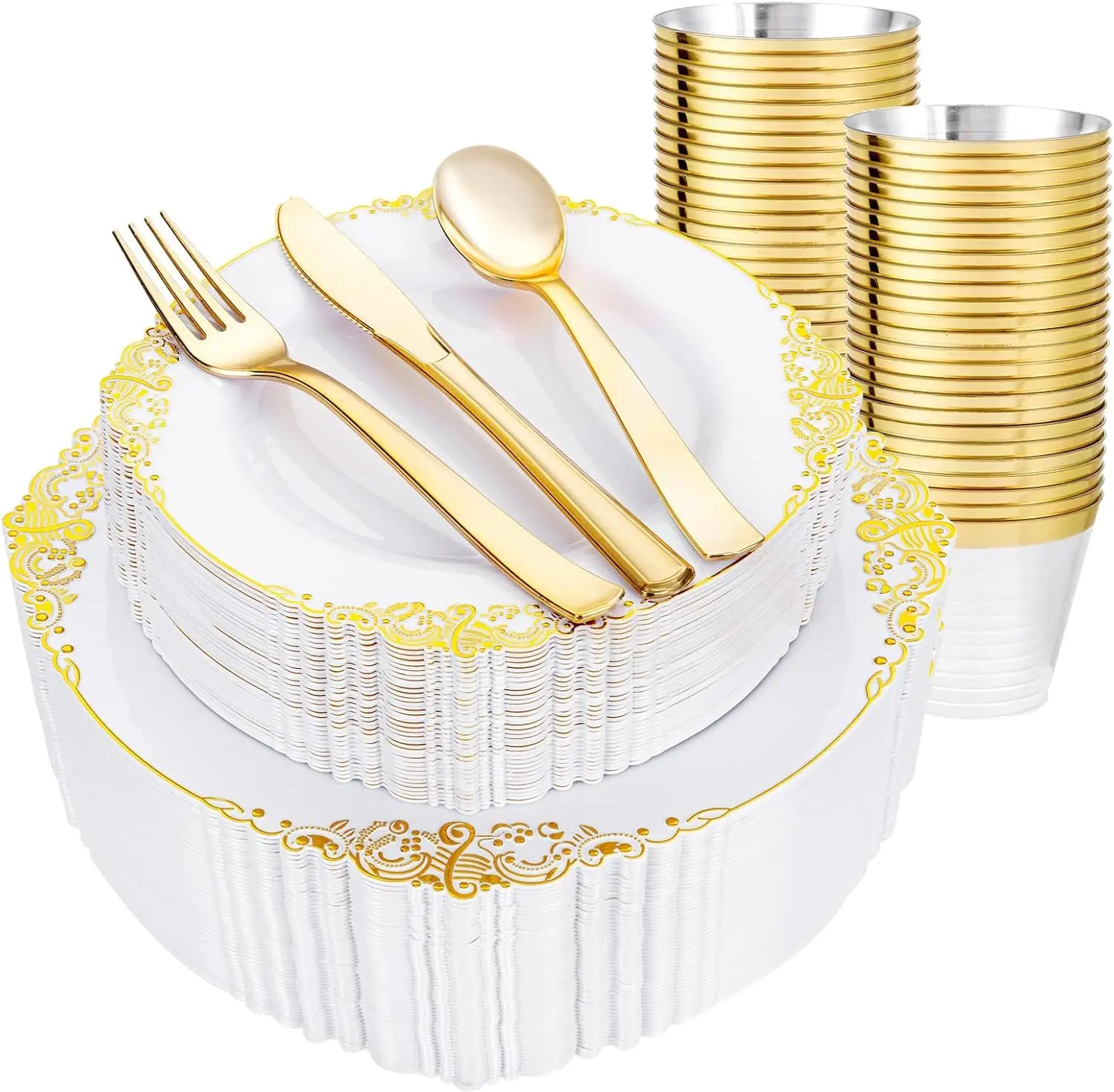 300 Pcs White Gold Plates for Wedding Includes 10.25" & 7.5" Plates, Silverware & Cups.