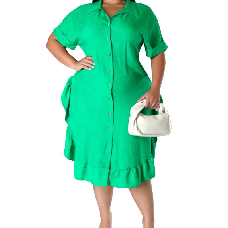 Women"s Plus Size Kelly Green Linen Dress Casual Cotton