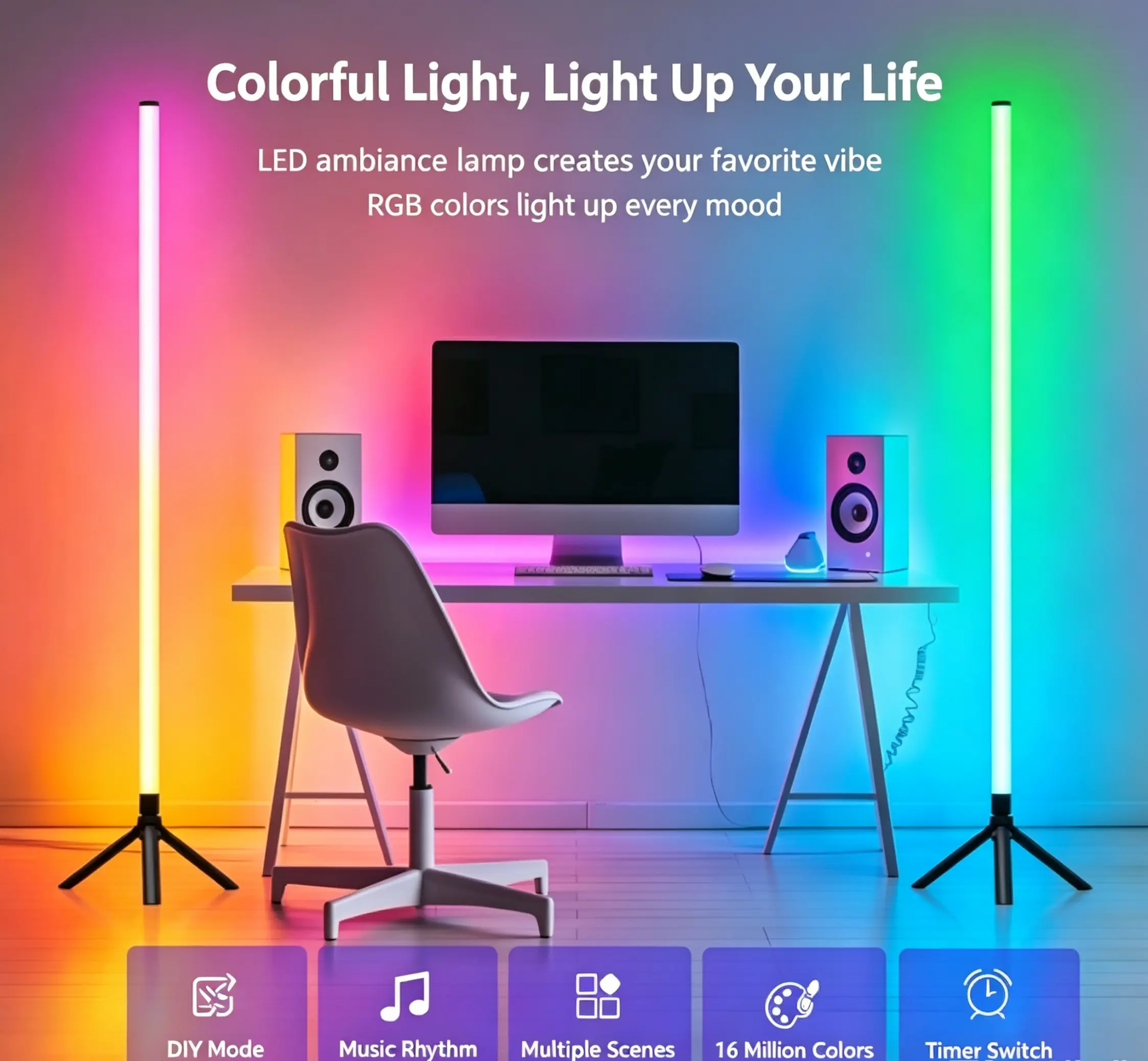 RGBIC LED Corner Floor Lamp, 48-Inch Color Changing Ambient Light with Bluetooth App & Remote for Living Room, Bedroom, Movie Night, Gaming Room, 1 PackB004