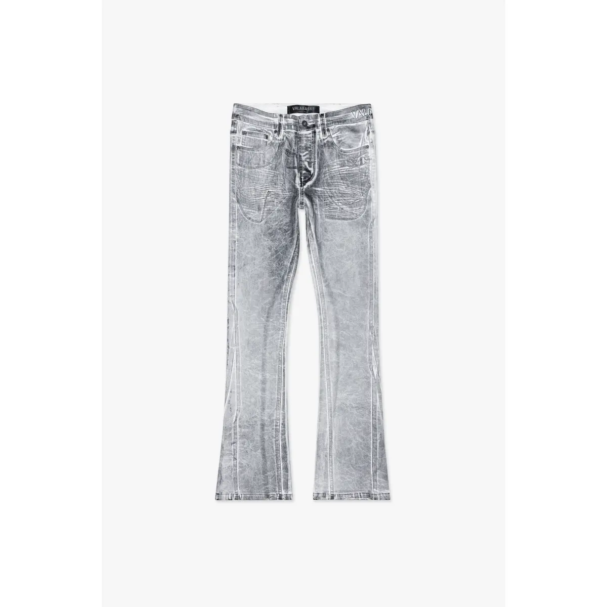 Men's Slim Fit Stretch Cotton Flare Jeans - Textured, Distressed, Waxed Denim Menswear (White, Black), Pants, White Black Waxed, Monochrome, Spot Clean, Stacked Flare, Casual