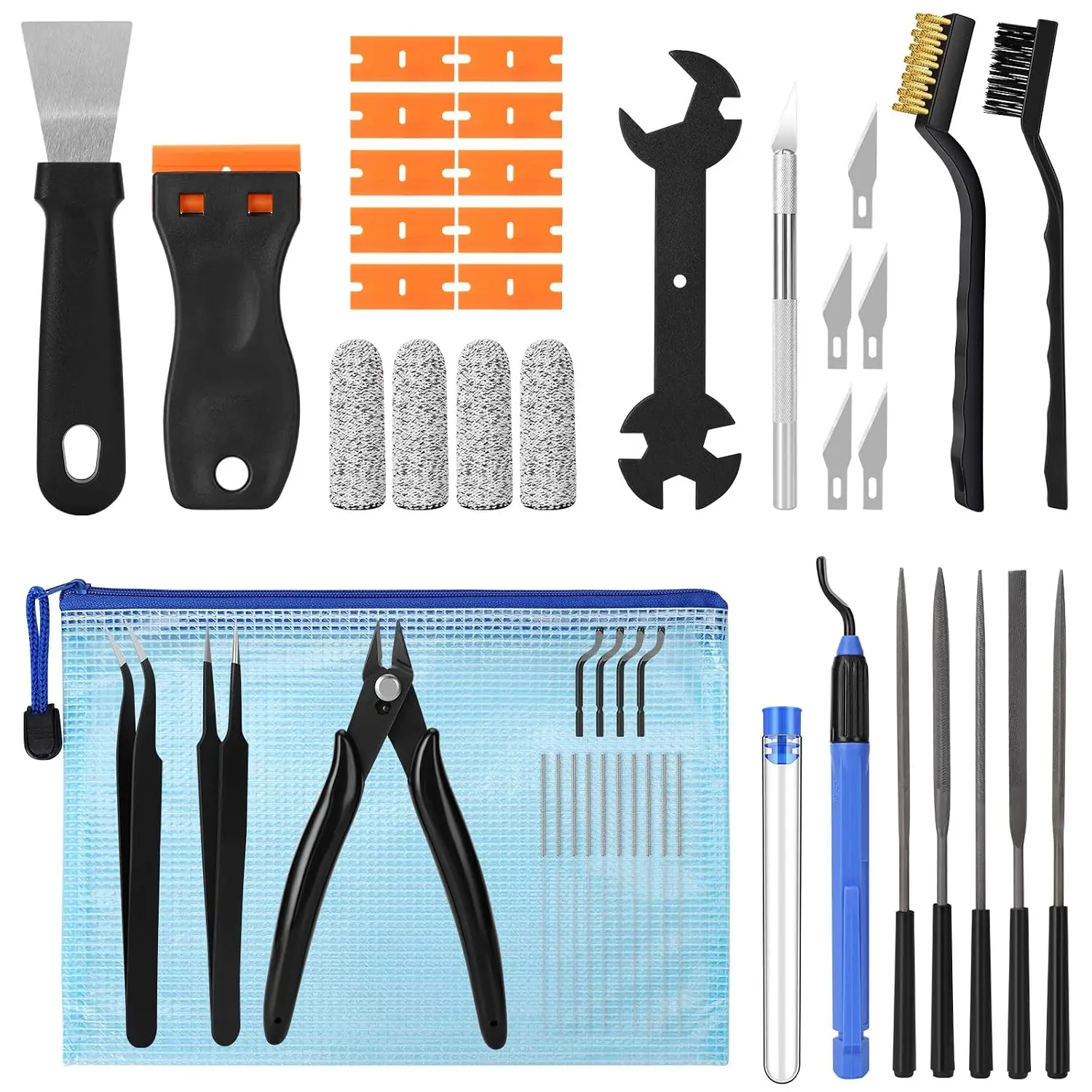 48-Piece 3D Printer Tool Kit – Removing, Cleaning & Finishing Tools Set with Deburring Tool, Scraper, Files, Wire Cutter & Tweezers