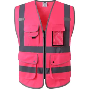 Jksafety 9 Pockets Class 2 High Visibility Zipper Front Safety Vest with Reflective Strips, Meets ANSI/ISEA Standards (Large, 150-Pink) JKSafety