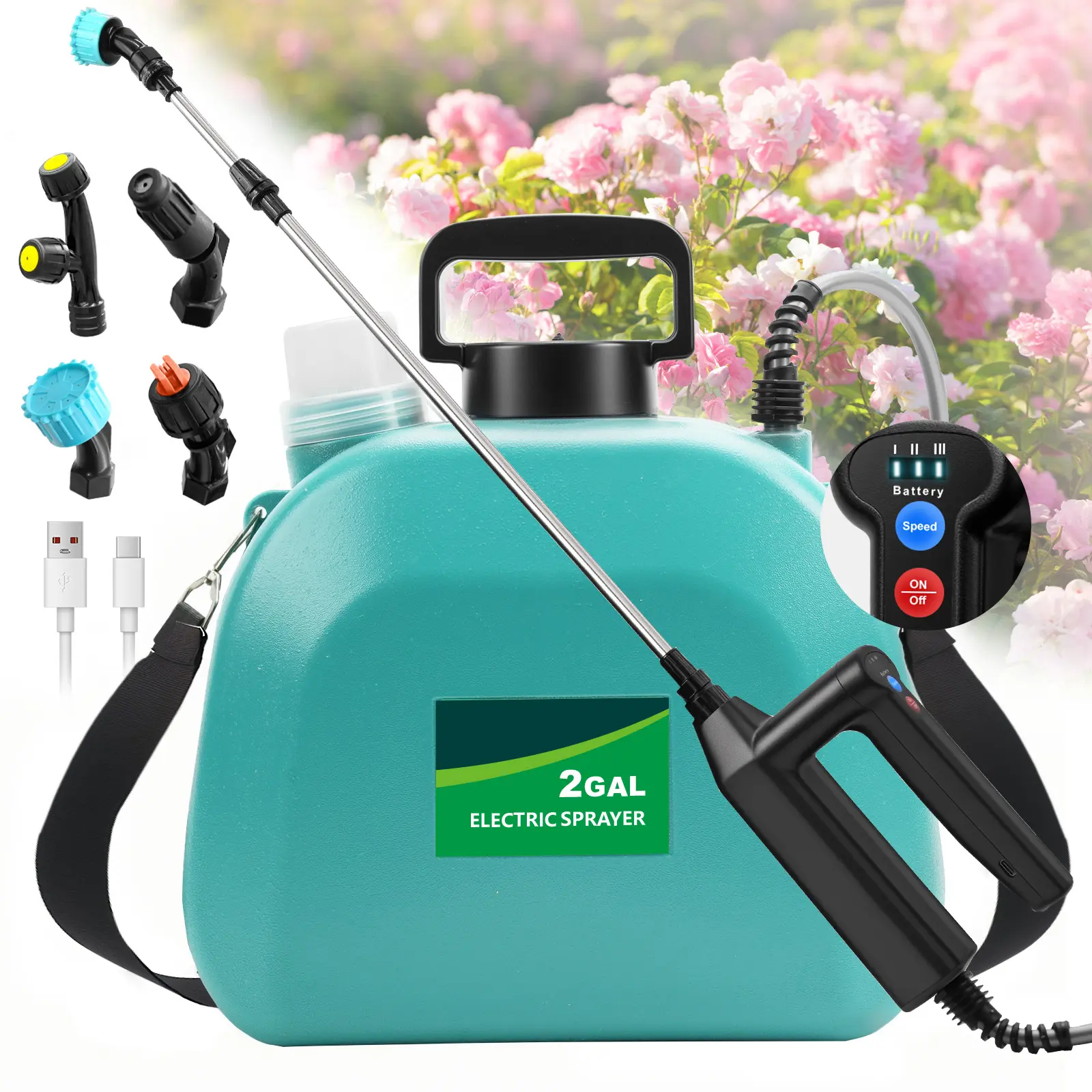 Battery Powered Sprayer 2 Gallon, Electric Pump Sprayer for Lawn & Garden 3 Pressure Levels, LED Battery Display, 4 Spray Nozzles, Telescopic Wand, Self-Priming Pump