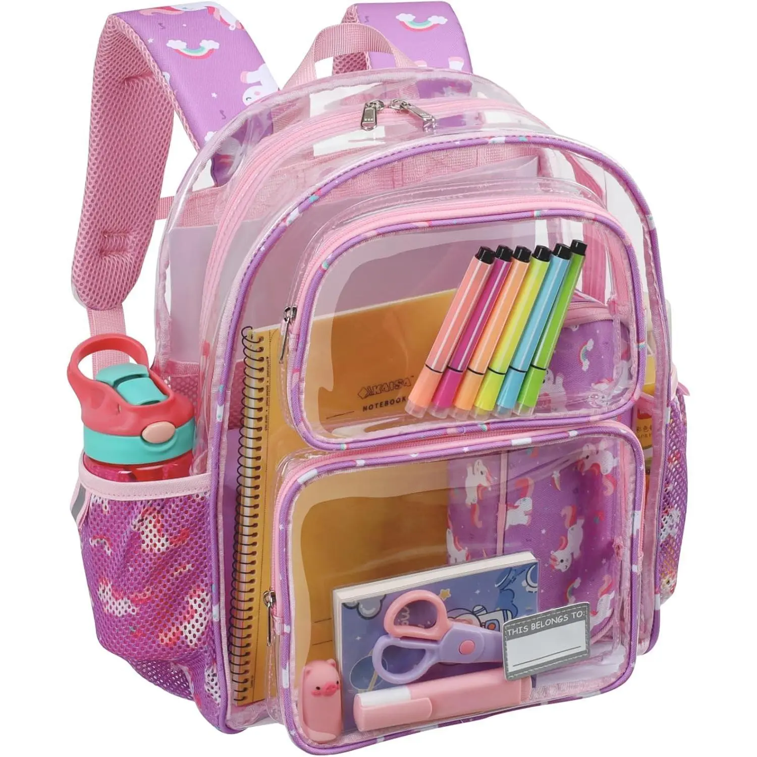 KF5-065 Clear Backpack for Girls - 15 Inch Clear Bookbag for Kids Aged 3 to 8 Heavy Duty Transparent Backpack for School, Cute See Through Bag with Reflective Strip, Purple Tie-dye