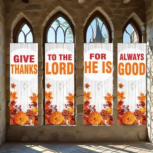 4 Pcs Religious Banners, Polyester Material Thanksgiving vertical hanging banners give thanks to the lord quote autumn pumpkin maple leaf farmhouse style for church home indoor wall decor religious harvest festival decoration