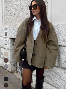 women's solid button front pocket woolen coat, loose casual long sleeve deep v neck outerwear for fall & winter, women's clothing for daily wear, womenswear, longsleeves jackets, casual chic outerwear, solid color jacket