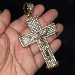 MaxBling81 Gold-Silver Plated Cubic Zirconia Glitter Cross Pendant - Male Hip Hop Large Jesus Christ Crucifix Charm, Casual Fashion Chic Accessory for Daily Wear, Anniversary Gift, Fashion Chic Accessories