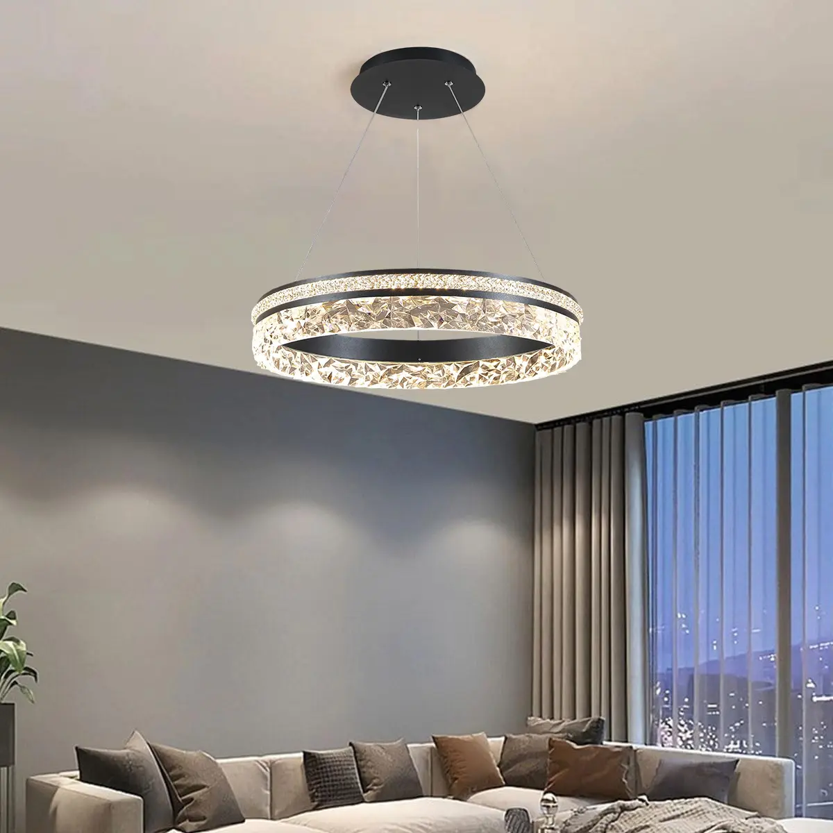 19.7-inch kitchen island pendant light, dimmable LED pendant light, single ring acrylic pendant light, black pendant light, suitable for hallway, bedroom, dining room, and living room decorative lighting (remote control not included)