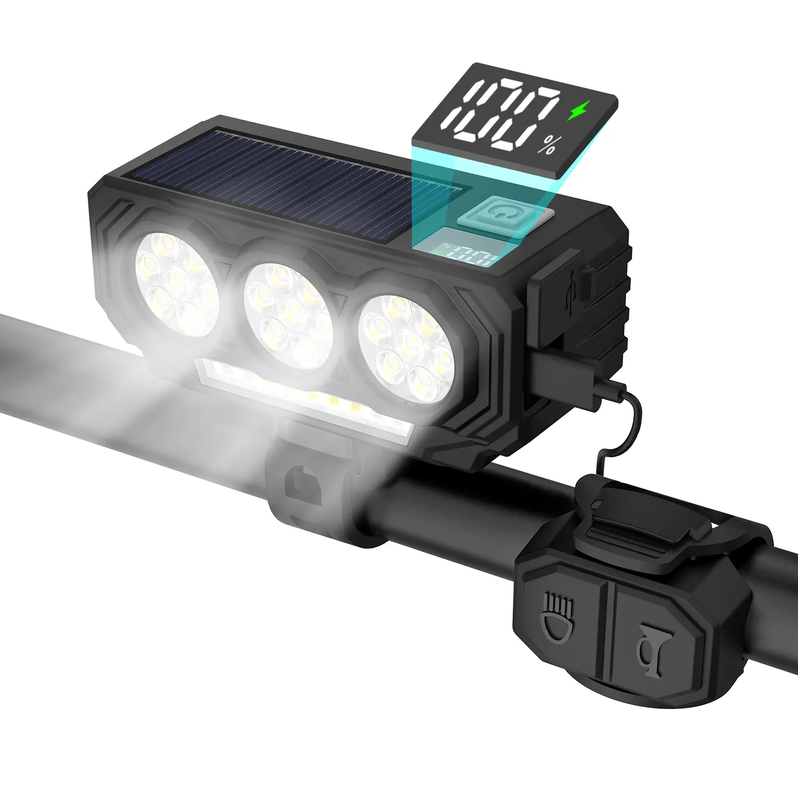 BUCKLOS Aluminum Alloy LED Bike Headlight with Horn, 900LM 21-LED Solar & USB-C Rechargeable, All-Weather IPX6 Beast, Reinforced Bracket, USB Port, Tool-Free Strap, Universal Fit, Battery-Powered for Mountain Biking & Commuting, Night Visibility, 900-Lume