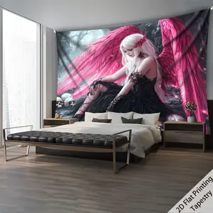 Gothic Angel Female Pink Wings and Skull Tapestry - Large horizontal wall decoration, pink and black artworks, suitable for bedrooms, dormitories, offices - Bohemian Gothic style decoration, with hanging clips attached