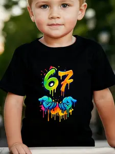 Boy And Girl Summer New Short-Sleeved Round-Neck T-Shirts, Six Seven Graffiti Gradient Graffiti, 67 Digital Print Tops, Funny Graphic Tees, Trendy, Unique, Casual, Fashionable, Childlike Children's Clothing Suitable For Daily And Outdoor Use, Versatile.