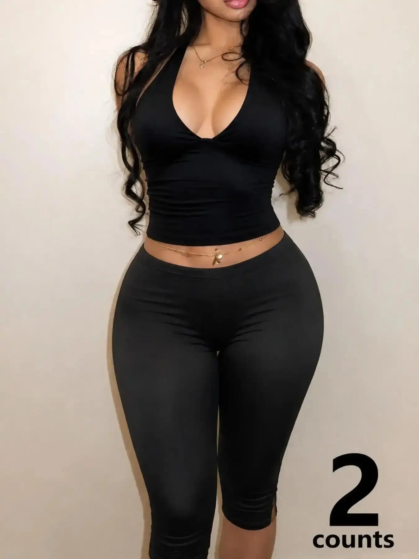 Women's Graceful 2 Piece Halter V Neck Ruched Crop Tank & Capri Leggings Set Complete Look, Slim Fit Athletic Loungewear, Casual Style, Sports Set, Relaxed Fit, All Day Comfort, Everyday Outfits, tailored comfort