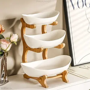Kitchen Life House Plastic Fruit Bowl with Bamboo Wood Stand for Kitchen Counter Fruit Basket for Vegetable Storage Snack Dessert Cake Tray Plate Rack for Party WeddingASageLiving27AB12PeakVibe