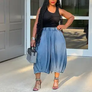 Street Fashion Casual Jeans Elastic Waist Straight Wide Leg Cropped Pants.