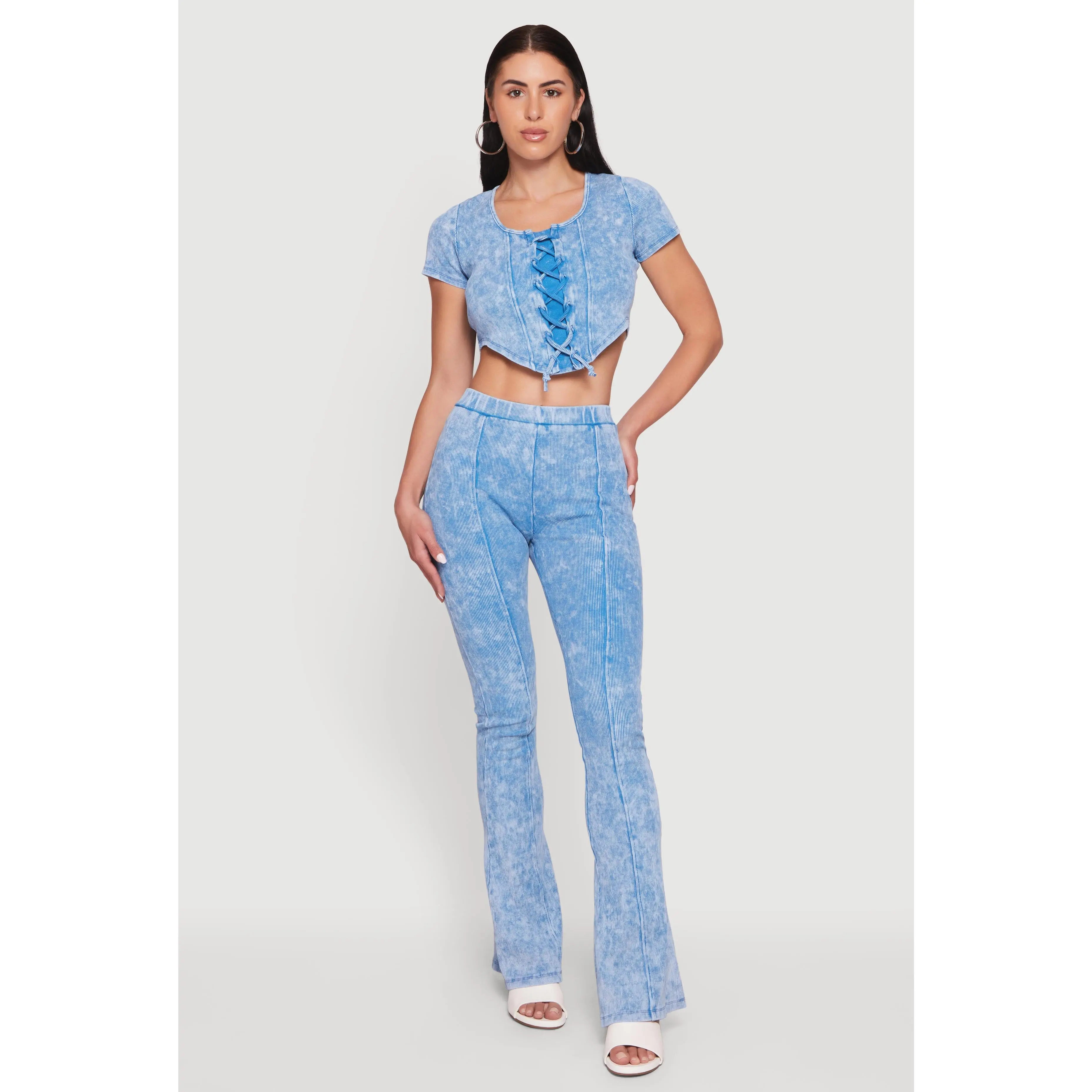 High Waisted Compression Rib Acid Wash Flare Pants