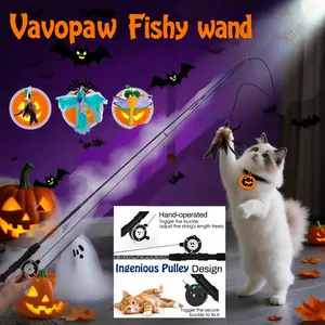 [Halloween ghost]Fishy wand 4 Pack Interactive Cat feather Teaser Wand Toys  fishing home,pet gift ,cat toys play at home,Retractable Fishing Pole Wand Catcher Exerciser with Refill Fish, Dragonfly Worm with Bells, fishing at home,Wheelchair friendly