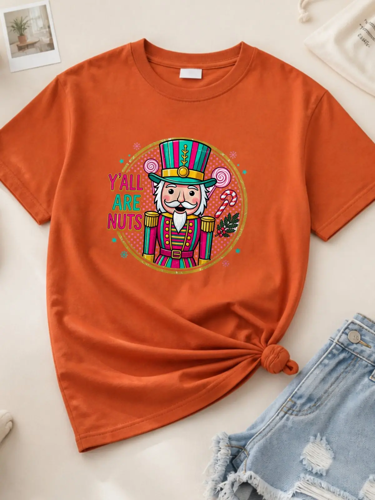 Vintage Distressed Nutcracker Women Graphic Tee,100% Cotton Relaxed Fit Crew Neck Short Sleeve Top,Retro Xmas Printed T‑Shirt for Party Street Holiday Daily Outfits