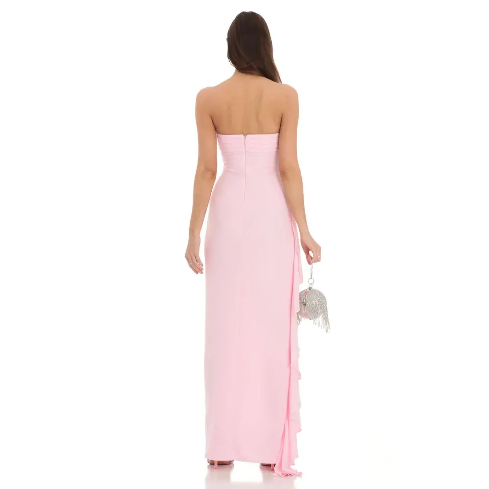 strapless ruched ruffle maxi dress in pink Vestido Maxi Fruncido Mabel Strapless - Rosa/Combinado