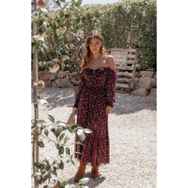 chinese dress ladies Z Supply Della Floral Maxi Dress in Cranberry